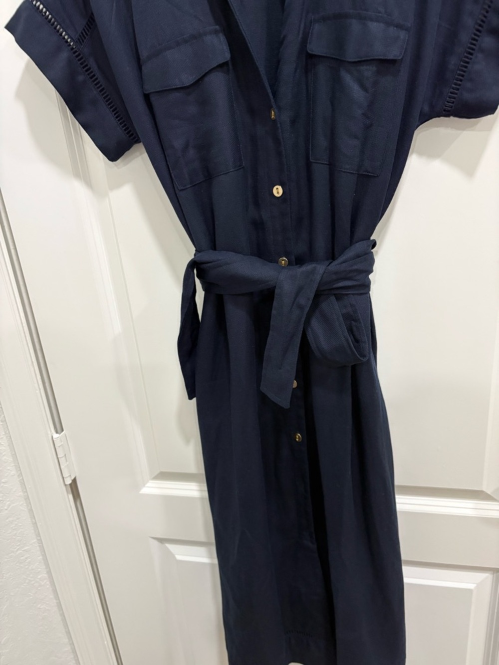 Ann Taylor Navy Belted Shirt Midi Dress linen